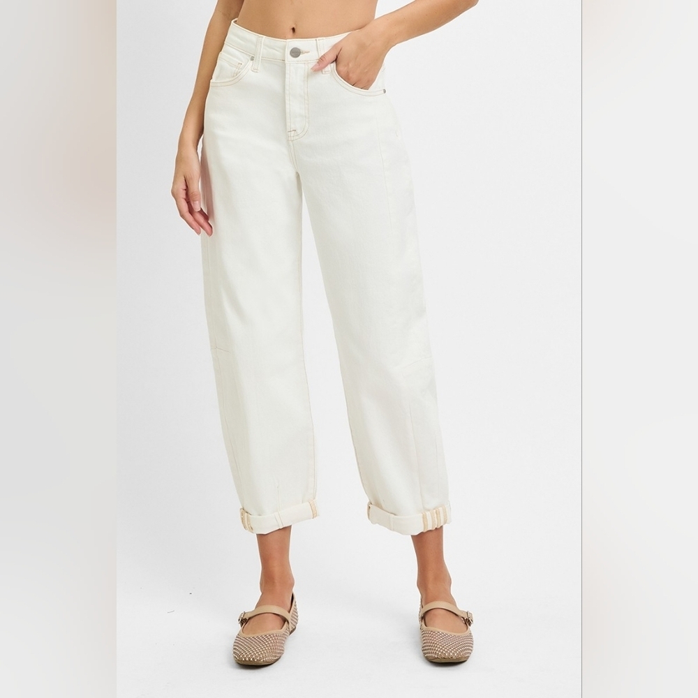 Risen High Rise Barrel Jeans Stretch Cuffed Relaxed Neutral Cream Various NEW - Picture 11 of 12